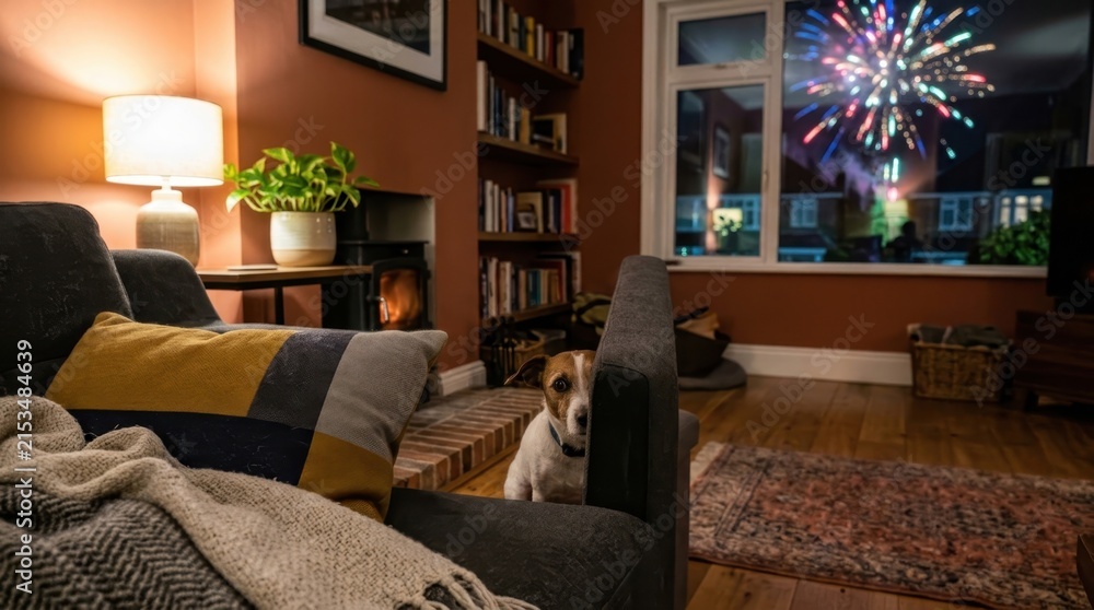Fototapeta premium Cozy living room with dog watching fireworks through the window at night
