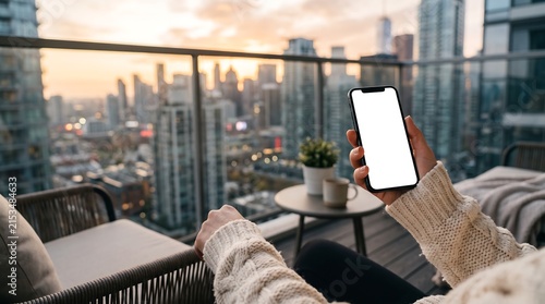 A person holds a smartphone with a blank screen on a balcony overlooking a city skyline at sunset.