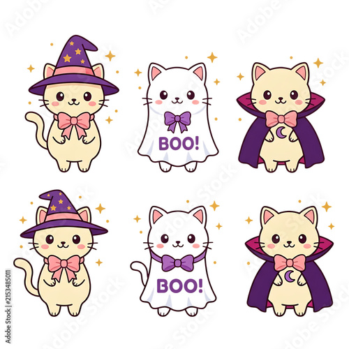 Set of cute halloween kitten characters in costumes with halloween