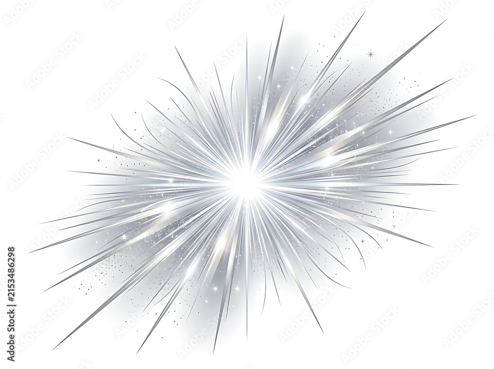 Fototapeta premium Bright silver light burst with radial particles isolated on white background particles explosion abstract metallic sparkles starburst movement background