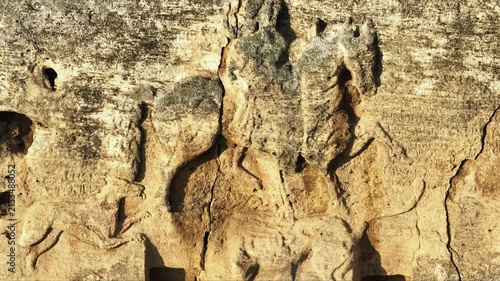 Madara Rider Rock Relief Extreme Close Up Shumen Bulgaria Drone Shot Medieval Horseman Statue Lion Hunting Thracian Mystery UNESCO World Heritage Site Ancient History Vertical