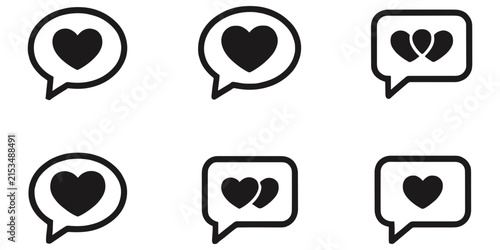 Set of six black speech bubble with various heart shapes inside, isolated on a white background love