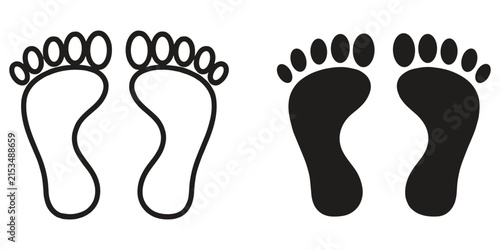 Pair of human footprint featuring one outlined version and one solid black silhouette version for walking concepts