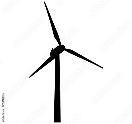 Black silhouette of a wind turbine, renewable energy generator, isolated on a white background, flat