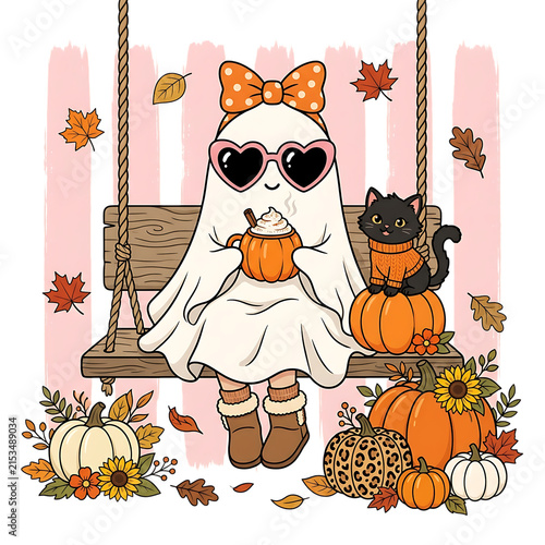 Ghost sitting on swing with coffee and cat in autumn, halloween