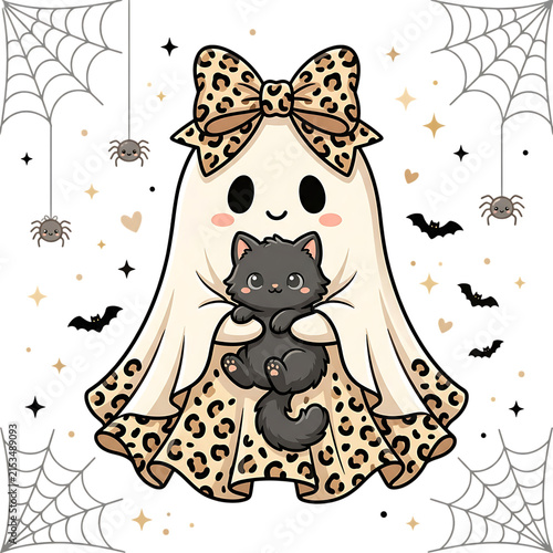 Adorable ghost holding black kitten with leopard print motif