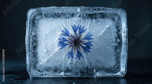 Blue cornflower frozen in crystal clear ice block for scientific or decorative display