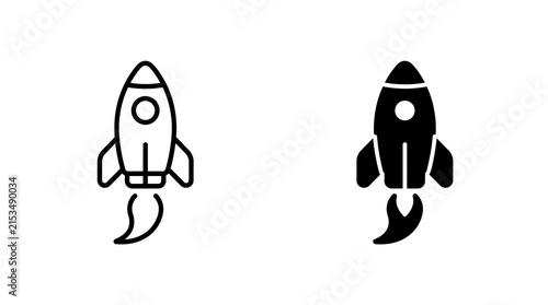 Rocket ship icon set, solid and outline isolated on transparent background