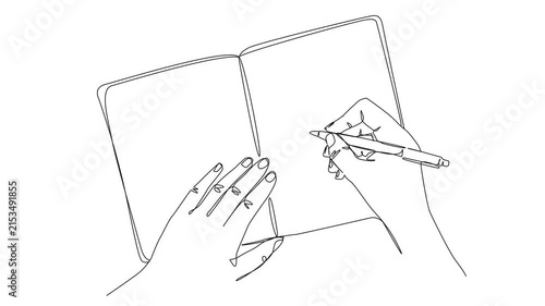 animated continuous line drawing of hands holding an open blank notebook and writing with a pen, journaling, education, planning or writing, line art animation