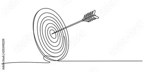 Continuous line drawing of an arrow hitting the center of a target