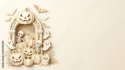 A spooky and delightful halloween scene a charming arrangement of ghosts pumpkins and bats creates a festive and whimsical atmosphere for the season's celebrations