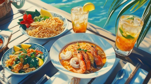 Vibrant Seafood Pasta Dishes by the Poolside with Refreshing Beverages and Colorful Ingredients