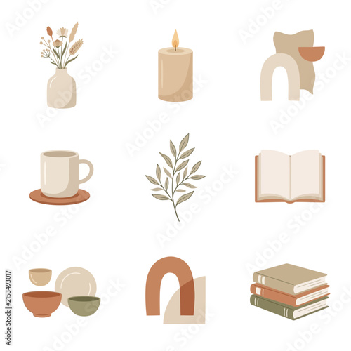 A collection of nine individual illustrations depicting various cozy and decorative household items, such as a burning candle, open book, and ceramic mug, all rendered in a warm, earthy color.