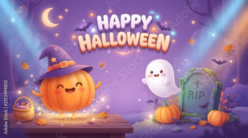 Happy halloween greeting card with cute pumpkin wizard ghost and tombstone in purple forest