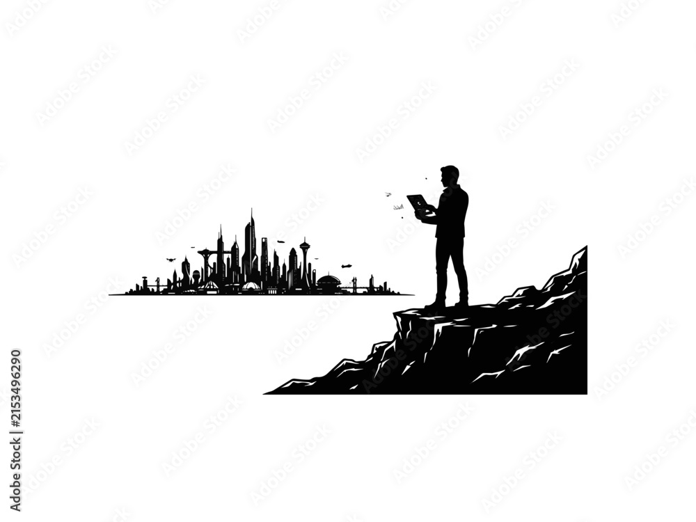 Fototapeta premium Man on cliff looking at futuristic city skyline vector illustration