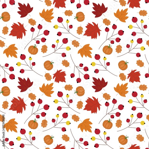 Rich autumn seamless pattern with pumpkins, maple leaves, and small berries on a white background.