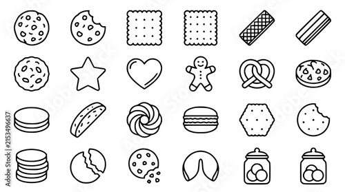 Comprehensive Cookie and Biscuit Line Icon Set Featuring Gingerbread Man, Pretzel, Macaron, Fortune Cookie, and Bakery Elements for Food Packaging and App Design