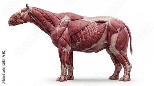 Paraceratherium transouralicum muscular anatomy view, detailed prehistoric giant rhinoceros musculature without skin on white background