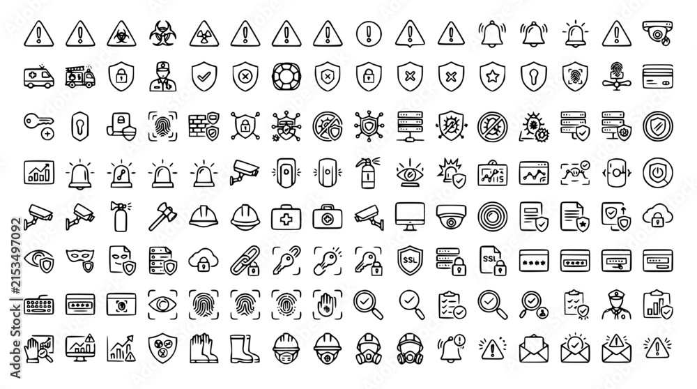 Obraz premium Cyber Security and Occupational Workspace Safety Icon Set with Technical Data Protection Symbols for Corporate IT Networks, Industrial Warning Labels, and Vector Line Art Graphics