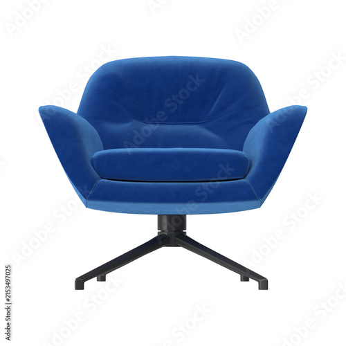 Fotografie Modern blue velvet armchair with a sleek black swivel base