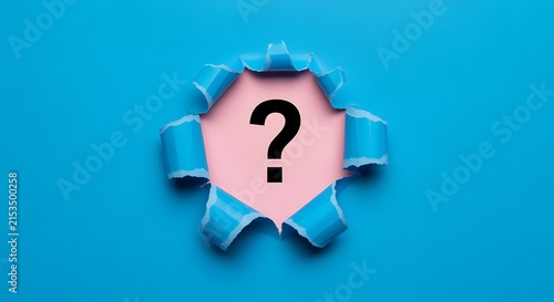 Question Mark Emerging from Ripped Blue Paper Hole Offering Answers