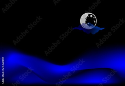 The night sky is pitch black contrasting with bright blue waves with a crescent Moon textured in an artistic style