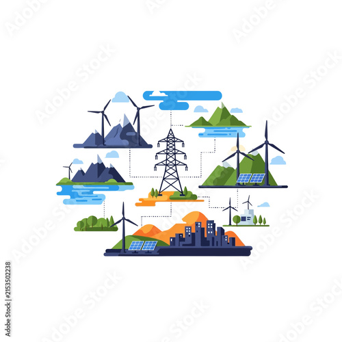Sustainable Renewable Energy Infrastructure with Wind Turbines and Solar Panels Illustration
