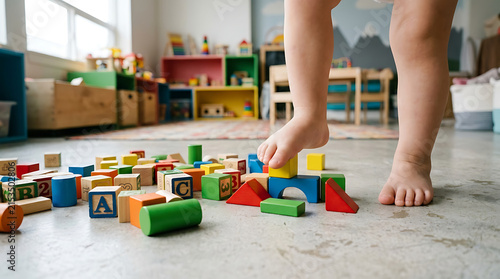 Young child's bare foot stepping onto colorful wooden blocks on the floor, engaged in playful learning