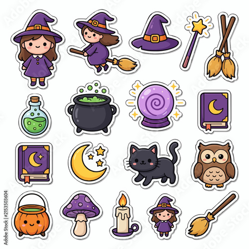 Cute Halloween Witch and Magic Sticker Collection – Kawaii Vector Set