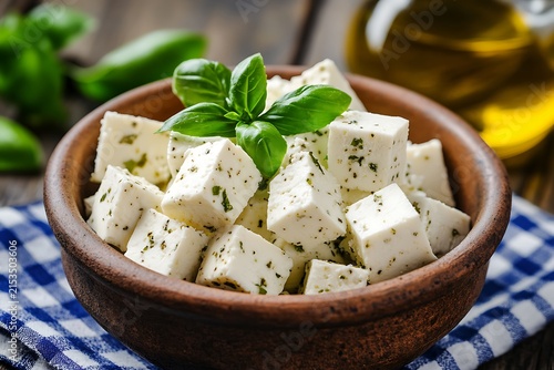 Fresh feta cheese cubes with herbs and basil leaves in a rustic clay bowl