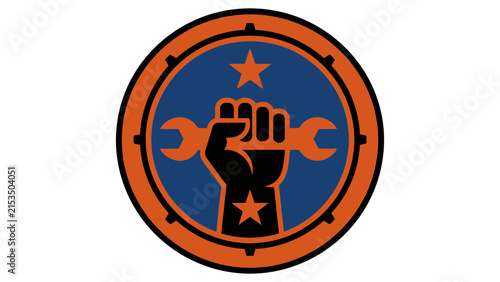 Raised fist holding a wrench emblem for labor and construction industry logo design