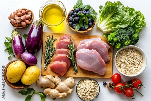 Healthy food ingredients including raw chicken, vegetables, nuts, and oats isolated on white background