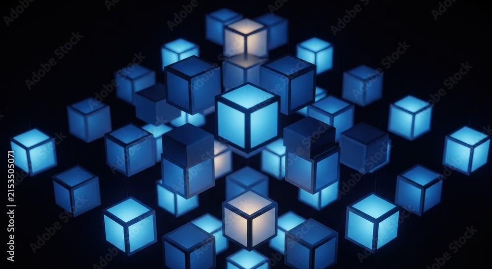 Obraz premium Illuminated Blue Cubes Arranged in a Complex Geometric Pattern on a Dark Background