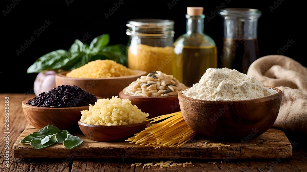 Fototapeta premium A rustic wooden board displays bowls of diverse whole grains pasta and fresh herbs against a dark background