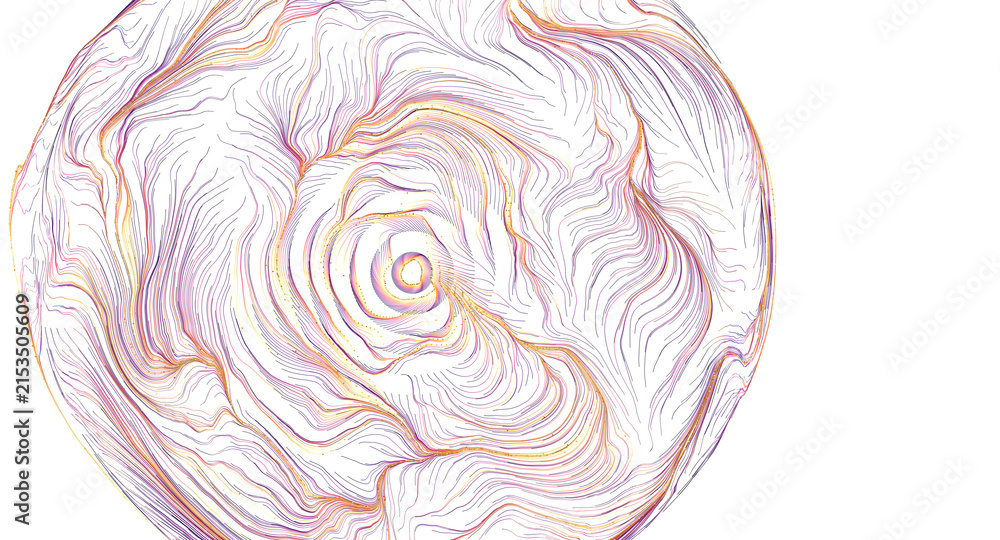 Fototapeta premium Detailed abstract image with swirling lines in purple and yellow on white background.