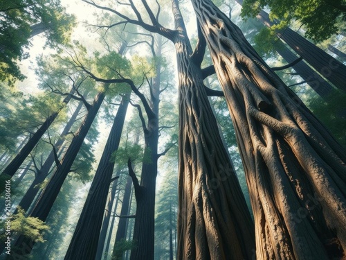Low angle view of giant ancient redwood trees reaching up into the misty forest canopy.