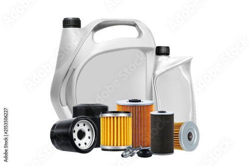 Canvastavla Automotive oil filters and motor oil containers bronze colour isolated on transparent background