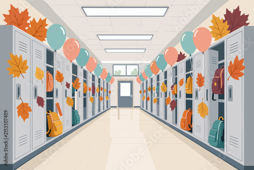 Decorative school hallway with lockers, autumn leaves, and balloons, cheerful atmosphere