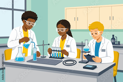 Students conducting experiments in a laboratory, focused and engaged, in a modern setting