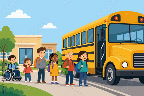 Diverse children with happy expressions waiting to board a school bus in a sunny environment