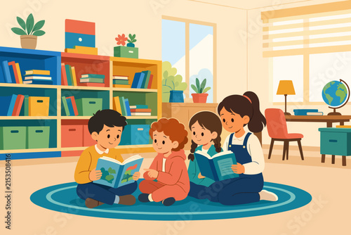 Children reading books together in a colorful classroom setting