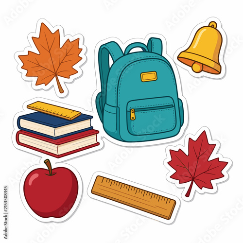 School supplies and autumn leaves stickers on a white background