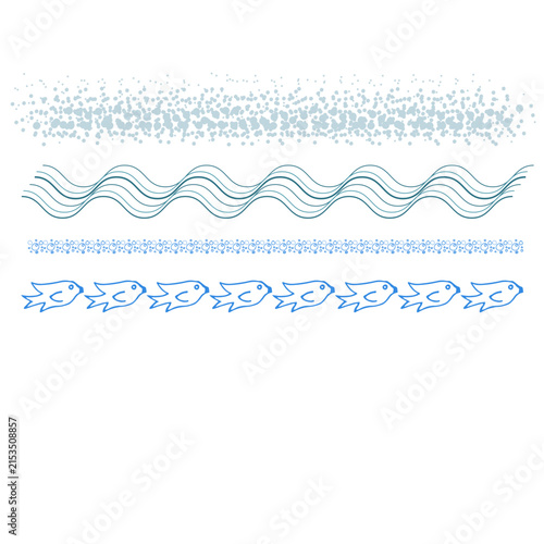 a variety of decorative motifs and patterns with a nautical theme, including waves, bubbles, and silhouettes of fish and shells.