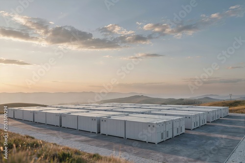 Wide angle view of a massive lithium ion battery energy storage facility with rows of white containers on a concrete base under a cloudy sky