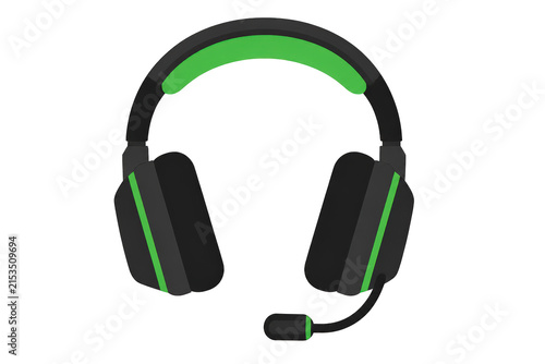 Black over ear gaming headset with green accents and boom mic