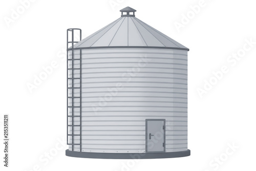 Metal grain silo with conical roof and ladder