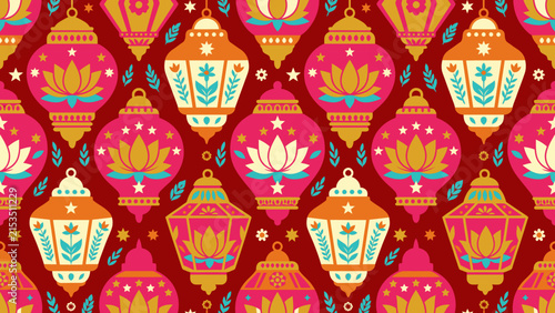 Festive Diwali lantern seamless pattern with lotus flower design
