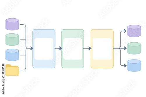Pastel data flow diagram with database cylinders and cards