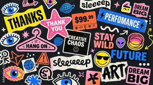 Vibrant Retro Sticker Collage Background with Creative Chaos and Pop Art Elements for Modern Graphic Design