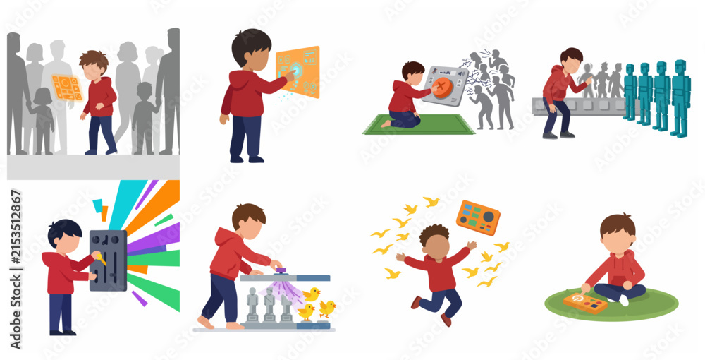 Fototapeta premium Collection of flat illustrations depicting a boy interacting with digital interfaces, focusing on sensory processing, creativity, and neurodiversity concepts